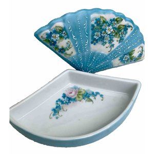 Vtg Porcelain Hand Painted Blue Floral Fan Trinket Jewelry Box MCM Victorian HTF